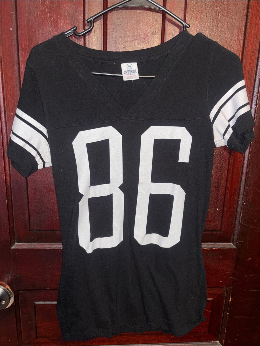 PINK Victoria's Secret Black V-Neck Football Tee with White 86 Graphic